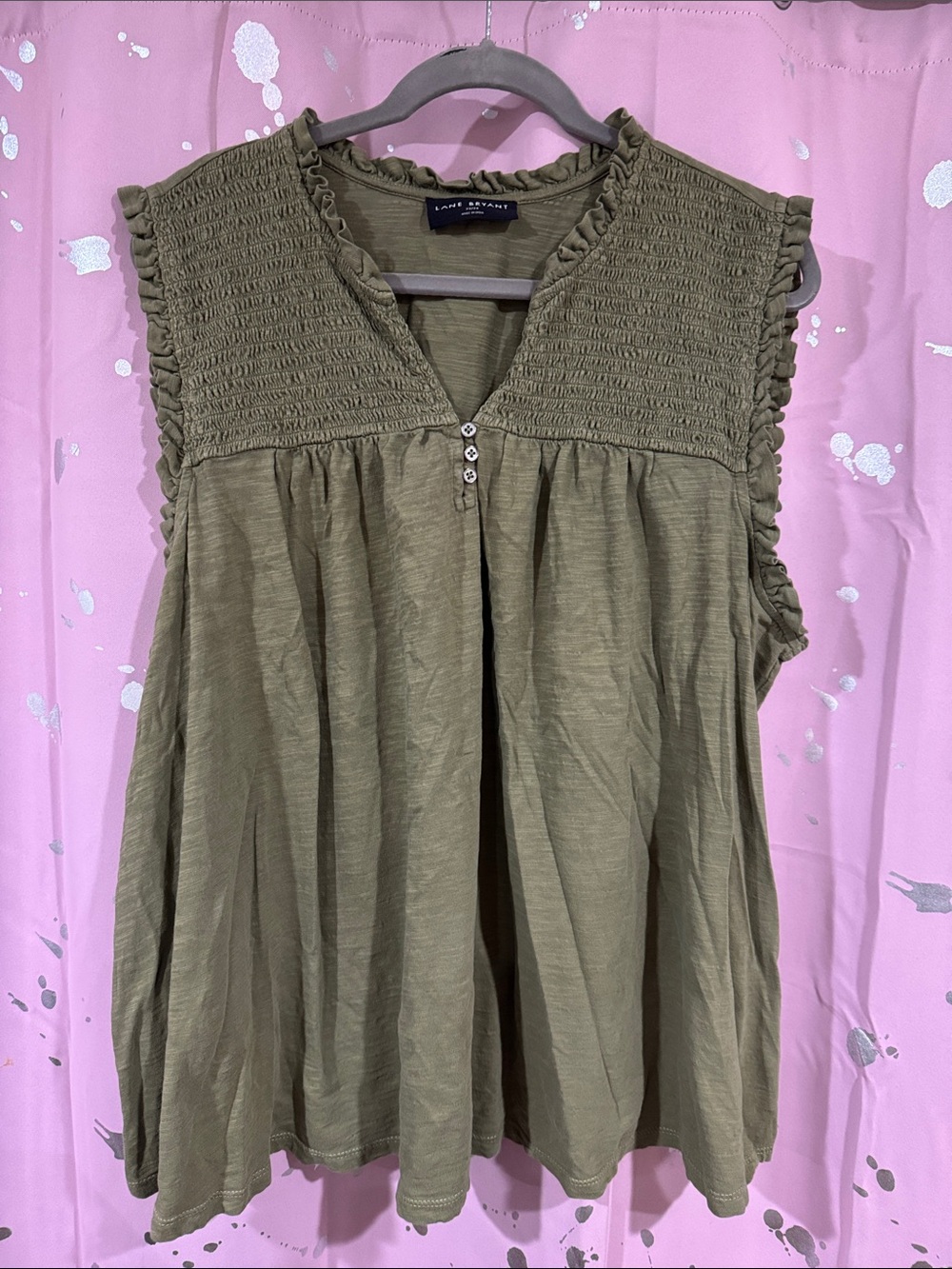 Lane Bryant Olive Green Smocked Ruffle Sleeve Tank